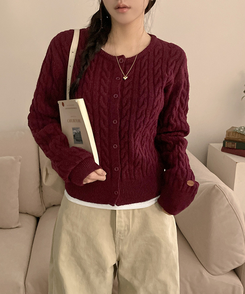 쇼나 꽈배기 케이블 레더 페치 데일리 도톰 가디건 버건디