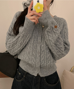 쇼나 꽈배기 케이블 레더 페치 데일리 도톰 가디건 그레이