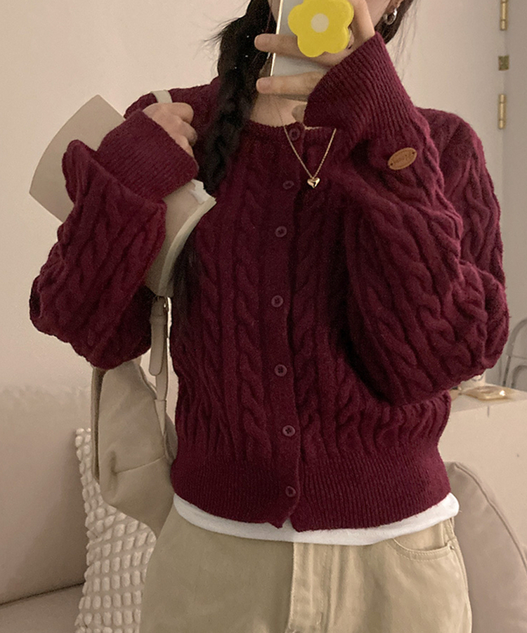 쇼나 꽈배기 케이블 레더 페치 데일리 도톰 가디건 버건디