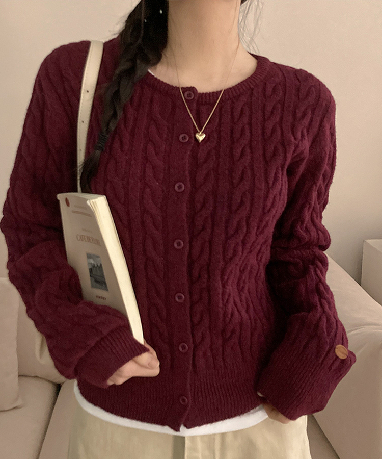 쇼나 꽈배기 케이블 레더 페치 데일리 도톰 가디건 버건디