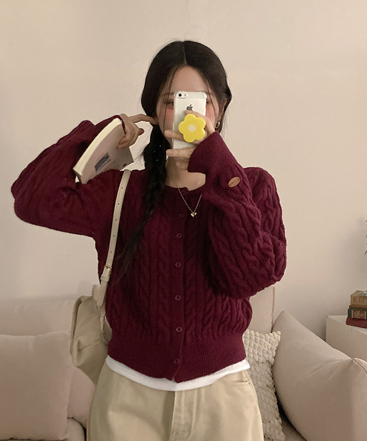 쇼나 꽈배기 케이블 레더 페치 데일리 도톰 가디건 버건디