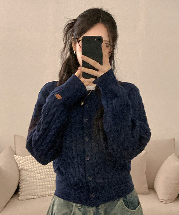 쇼나 꽈배기 케이블 레더 페치 데일리 도톰 가디건 네이비