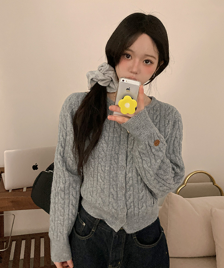 쇼나 꽈배기 케이블 레더 페치 데일리 도톰 가디건 그레이