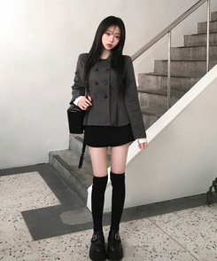 肩パッドダブルボタンウールショートコート GREY