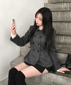 肩パッドダブルボタンウールショートコート GREY