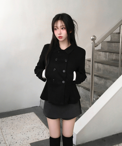 肩パッドダブルボタンウールショートコート BLACK