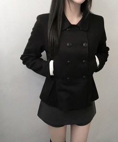 肩パッドダブルボタンウールショートコート BLACK