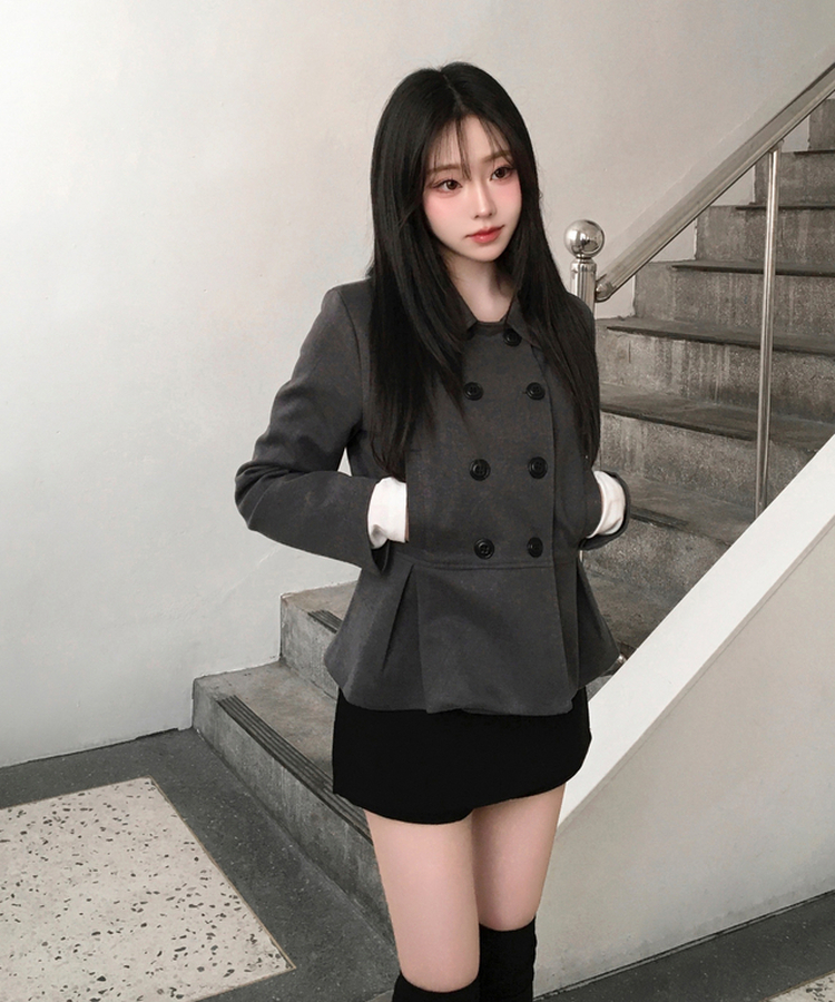 肩パッドダブルボタンウールショートコート GREY