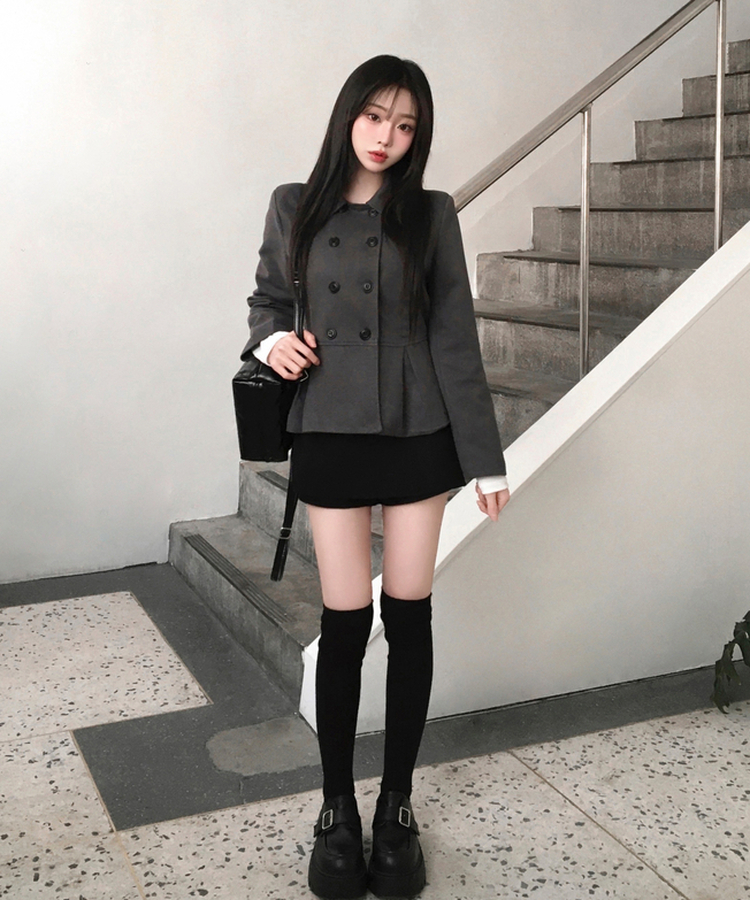 肩パッドダブルボタンウールショートコート GREY