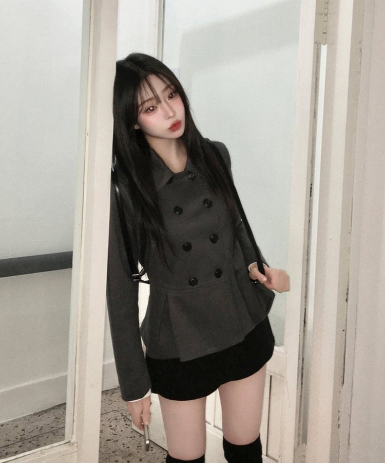 肩パッドダブルボタンウールショートコート GREY