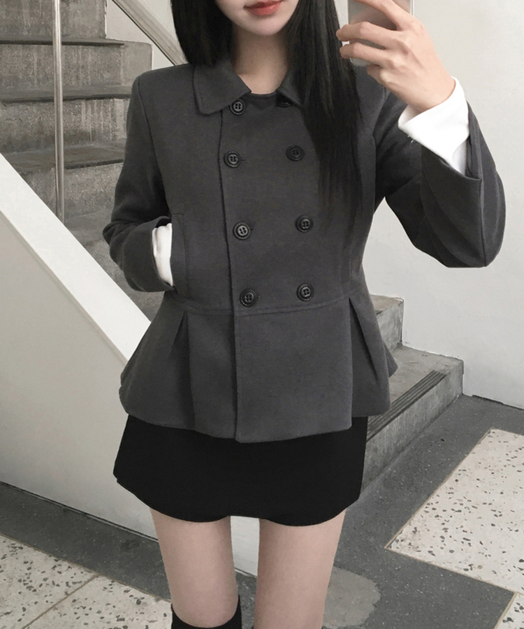 肩パッドダブルボタンウールショートコート GREY