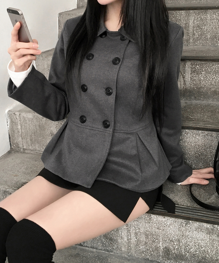 肩パッドダブルボタンウールショートコート GREY