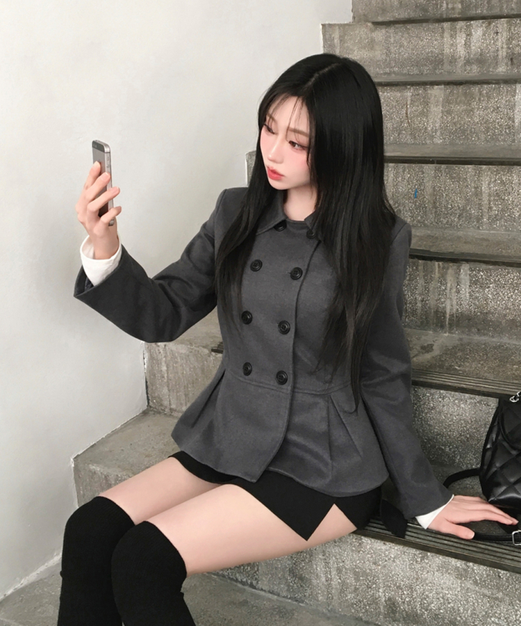 肩パッドダブルボタンウールショートコート GREY