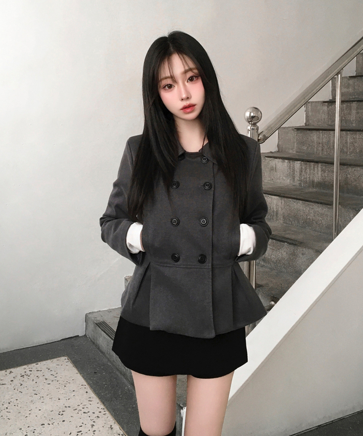 肩パッドダブルボタンウールショートコート GREY
