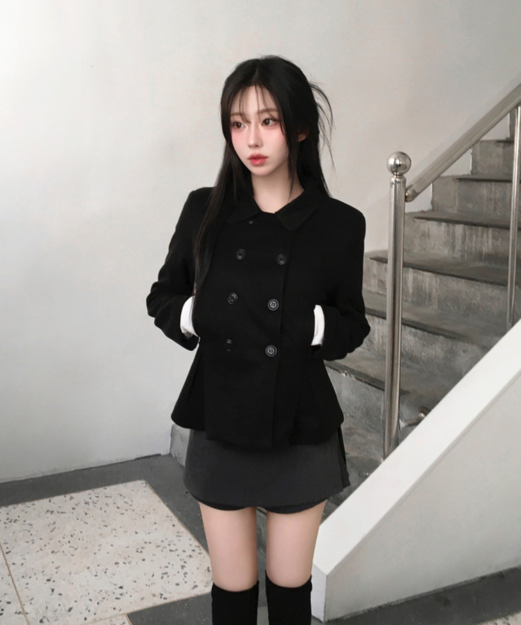 肩パッドダブルボタンウールショートコート BLACK