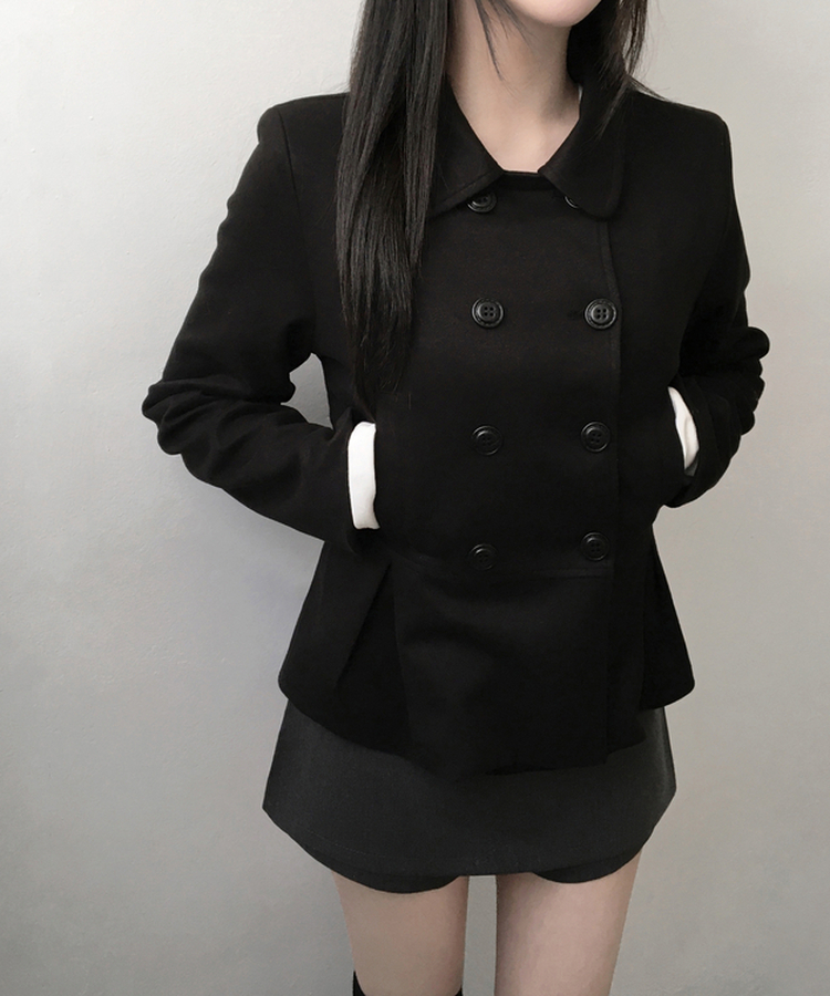 肩パッドダブルボタンウールショートコート BLACK