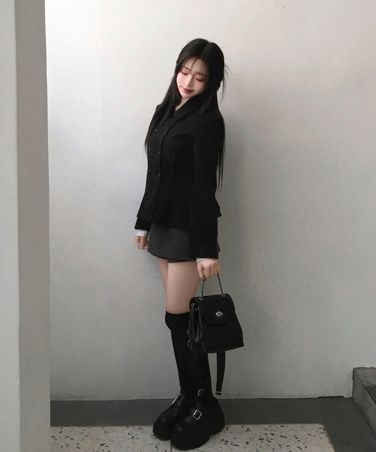 肩パッドダブルボタンウールショートコート BLACK