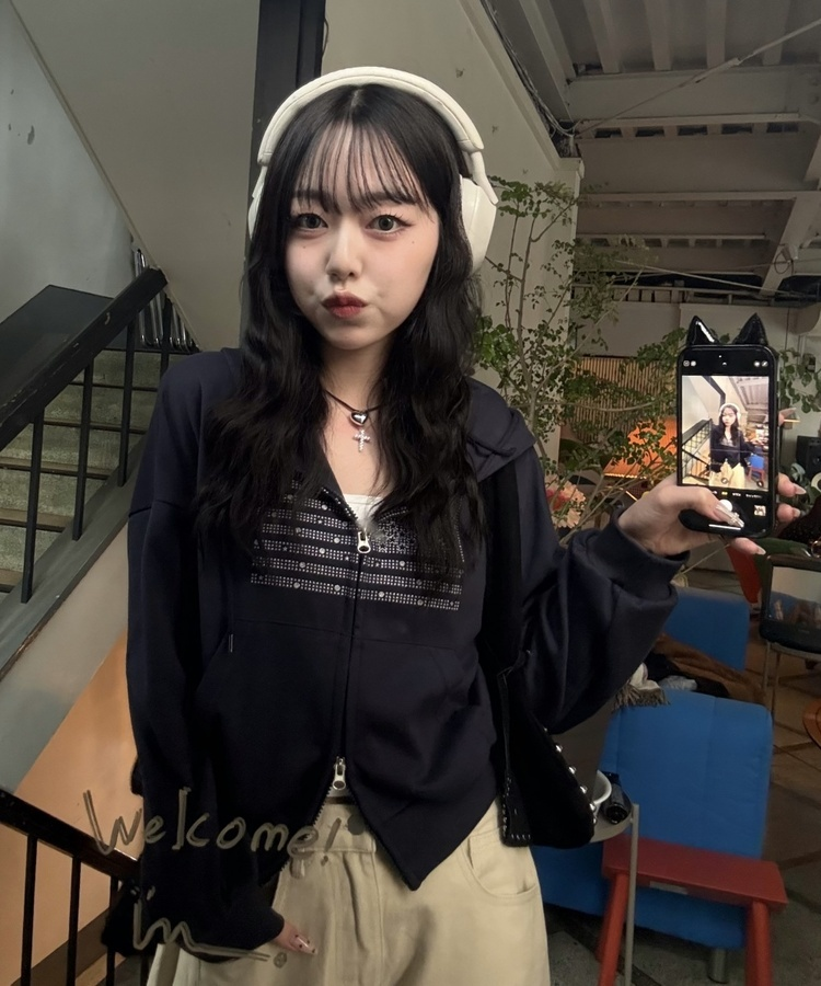 글리터 후드 집업 네이비