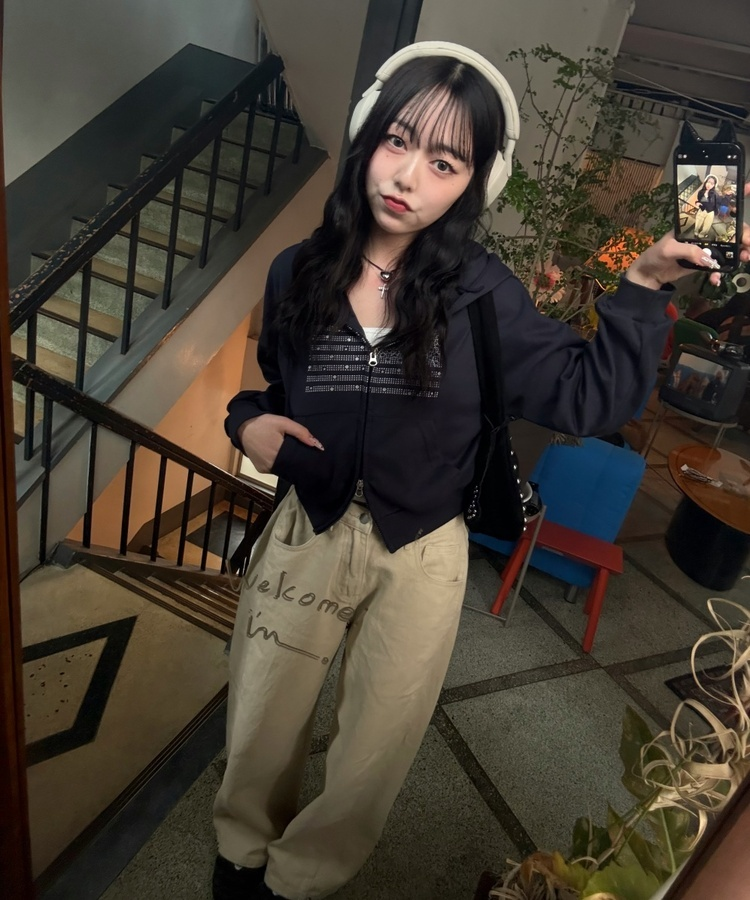 글리터 후드 집업 네이비