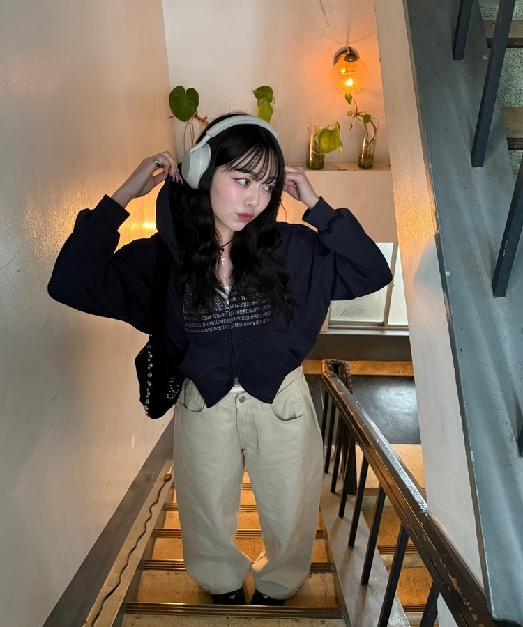 글리터 후드 집업 네이비