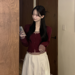 ストライプラウンドニットカーディガン BURGUNDY