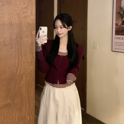 ストライプラウンドニットカーディガン BURGUNDY