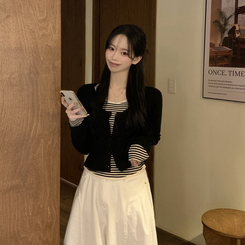 ストライプラウンドニットカーディガン BLACK