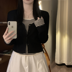 ストライプラウンドニットカーディガン BLACK