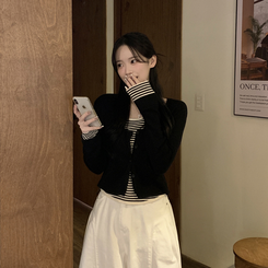 ストライプラウンドニットカーディガン BLACK