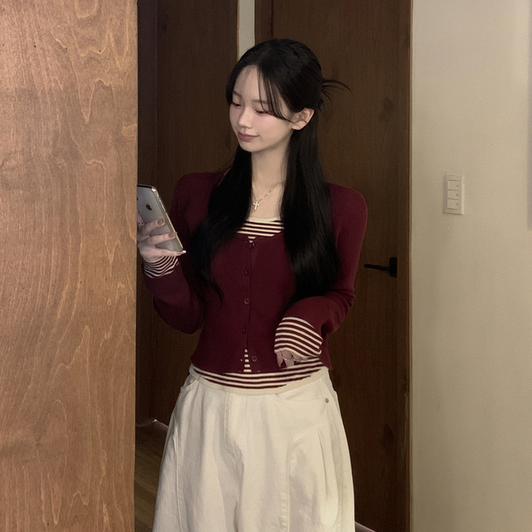 ストライプラウンドニットカーディガン BURGUNDY