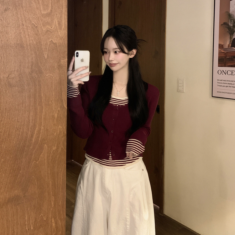 ストライプラウンドニットカーディガン BURGUNDY