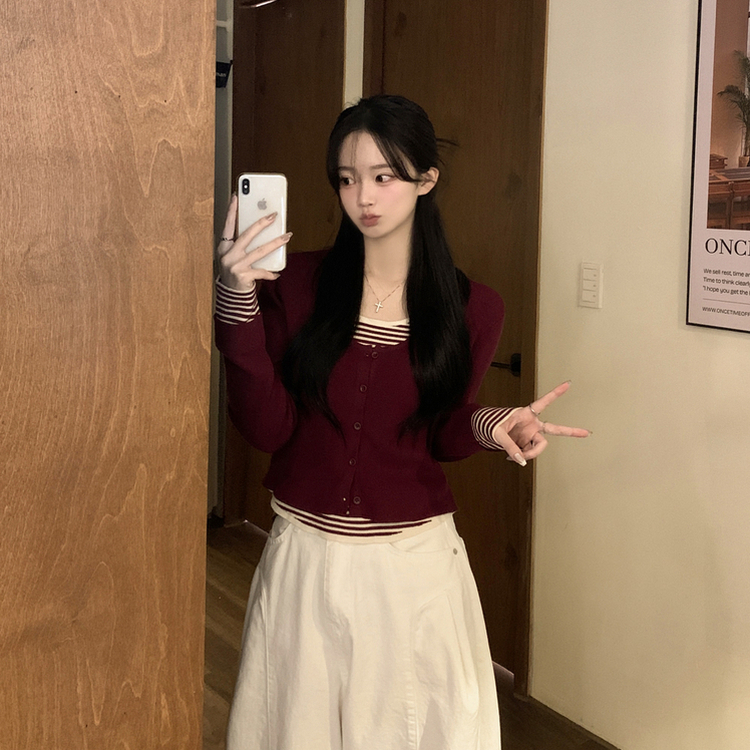 ストライプラウンドニットカーディガン BURGUNDY