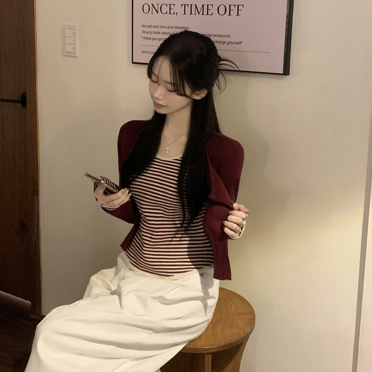 ストライプラウンドニットカーディガン BURGUNDY