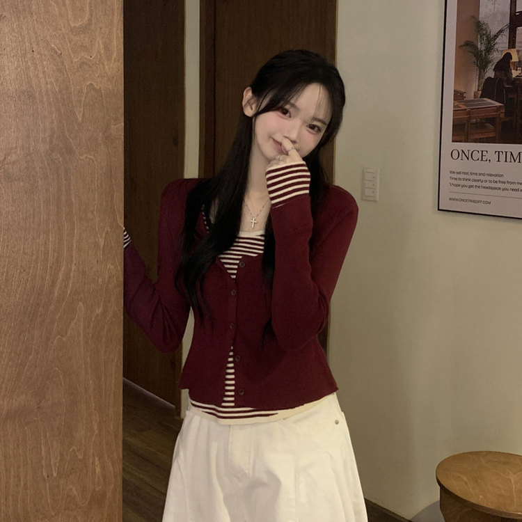 ストライプラウンドニットカーディガン BURGUNDY