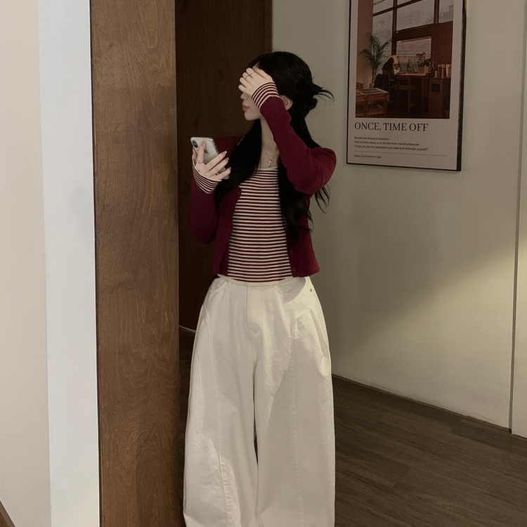 ストライプラウンドニットカーディガン BURGUNDY