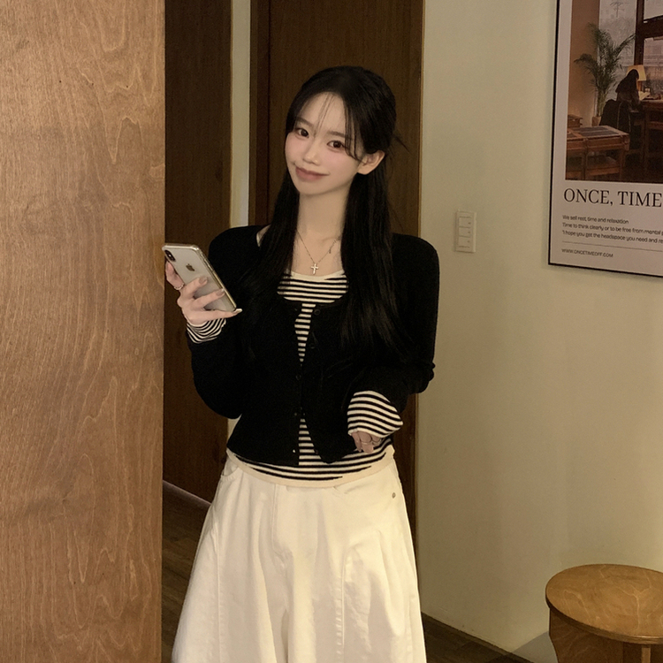 ストライプラウンドニットカーディガン BLACK