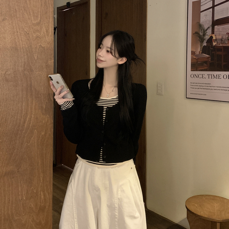 ストライプラウンドニットカーディガン BLACK