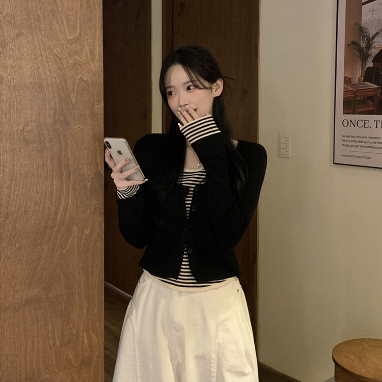 ストライプラウンドニットカーディガン BLACK