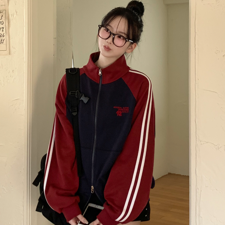 배색 나그랑 트랙라인 하이넥 레터링 투웨이 두줄 트레이닝 집업 곤색