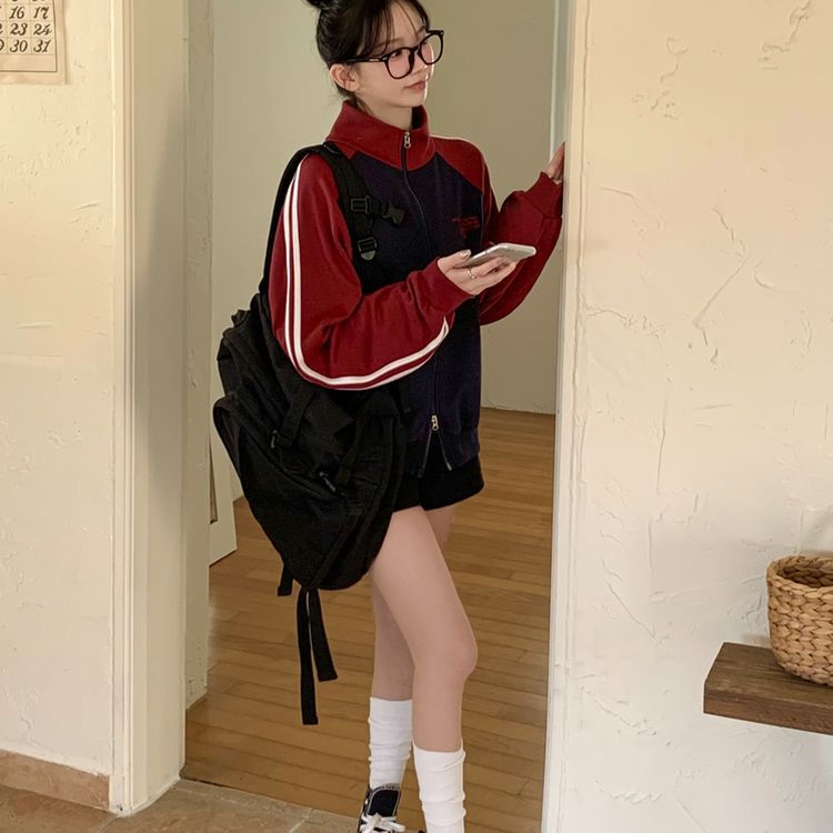 배색 나그랑 트랙라인 하이넥 레터링 투웨이 두줄 트레이닝 집업 곤색