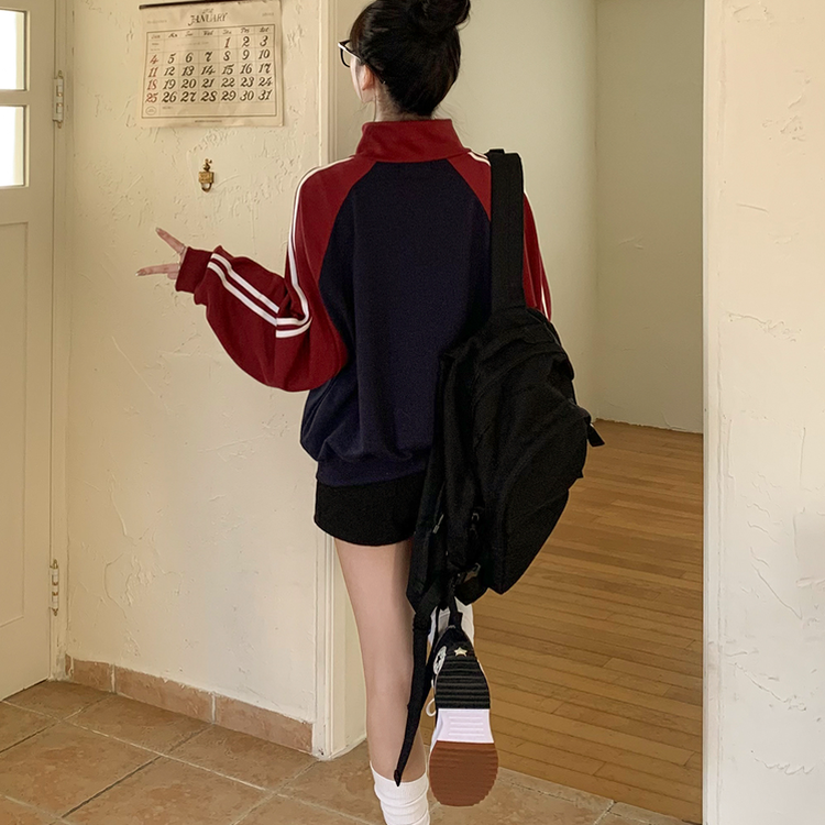 배색 나그랑 트랙라인 하이넥 레터링 투웨이 두줄 트레이닝 집업 곤색