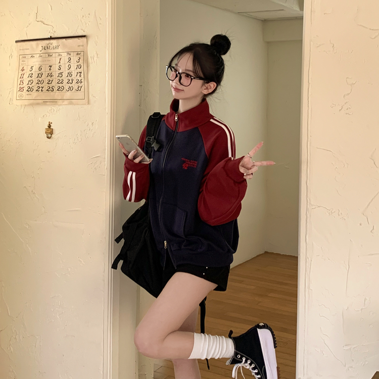 배색 나그랑 트랙라인 하이넥 레터링 투웨이 두줄 트레이닝 집업 곤색