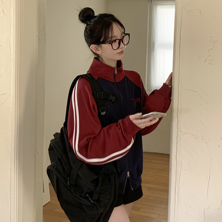 배색 나그랑 트랙라인 하이넥 레터링 투웨이 두줄 트레이닝 집업 곤색