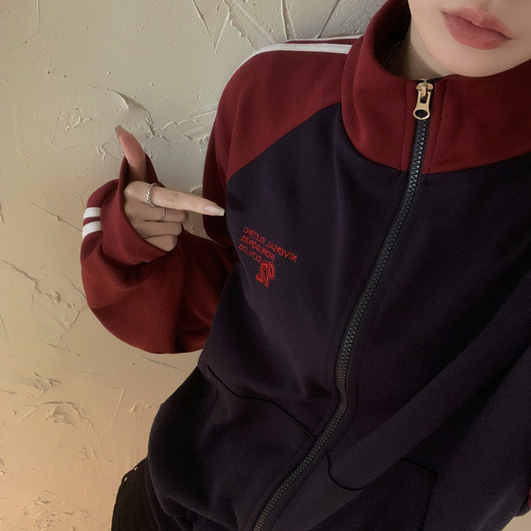 배색 나그랑 트랙라인 하이넥 레터링 투웨이 두줄 트레이닝 집업 곤색