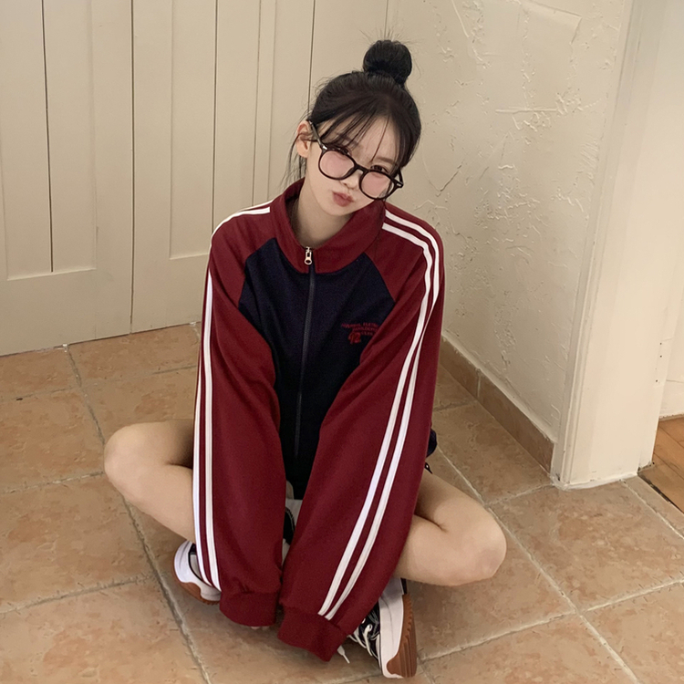 배색 나그랑 트랙라인 하이넥 레터링 투웨이 두줄 트레이닝 집업 곤색