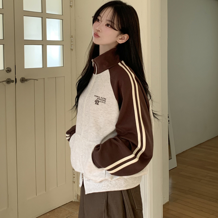 배색 나그랑 트랙라인 하이넥 레터링 투웨이 두줄 트레이닝 집업 오트밀