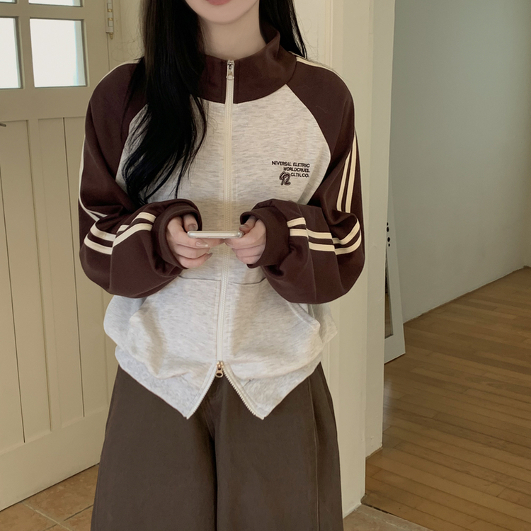 배색 나그랑 트랙라인 하이넥 레터링 투웨이 두줄 트레이닝 집업 오트밀