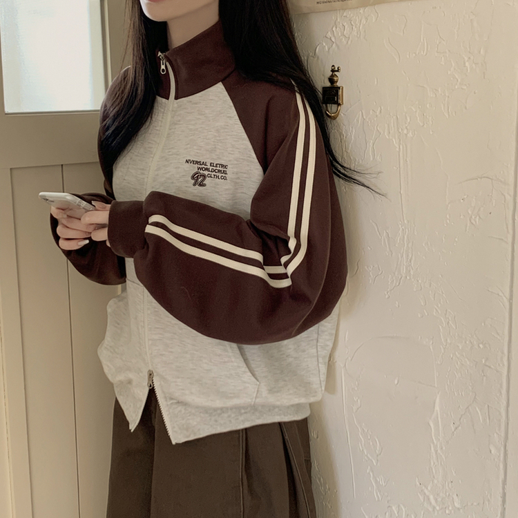 배색 나그랑 트랙라인 하이넥 레터링 투웨이 두줄 트레이닝 집업 오트밀