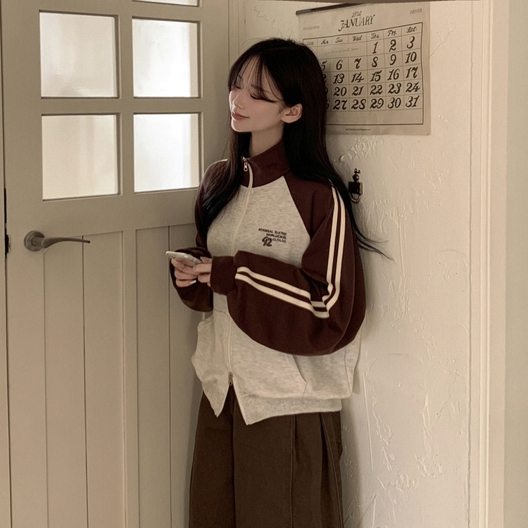 배색 나그랑 트랙라인 하이넥 레터링 투웨이 두줄 트레이닝 집업 오트밀