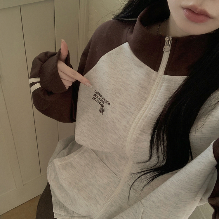 배색 나그랑 트랙라인 하이넥 레터링 투웨이 두줄 트레이닝 집업 오트밀